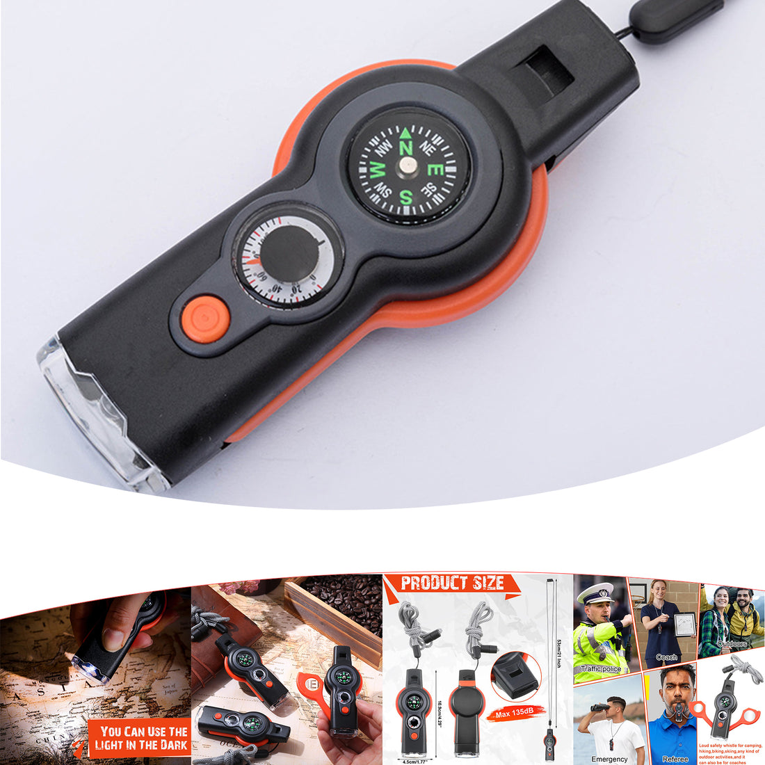 SUPSCH236 7 in 1 Loud Survival Whistle with Lanyard Multifunctional Tool