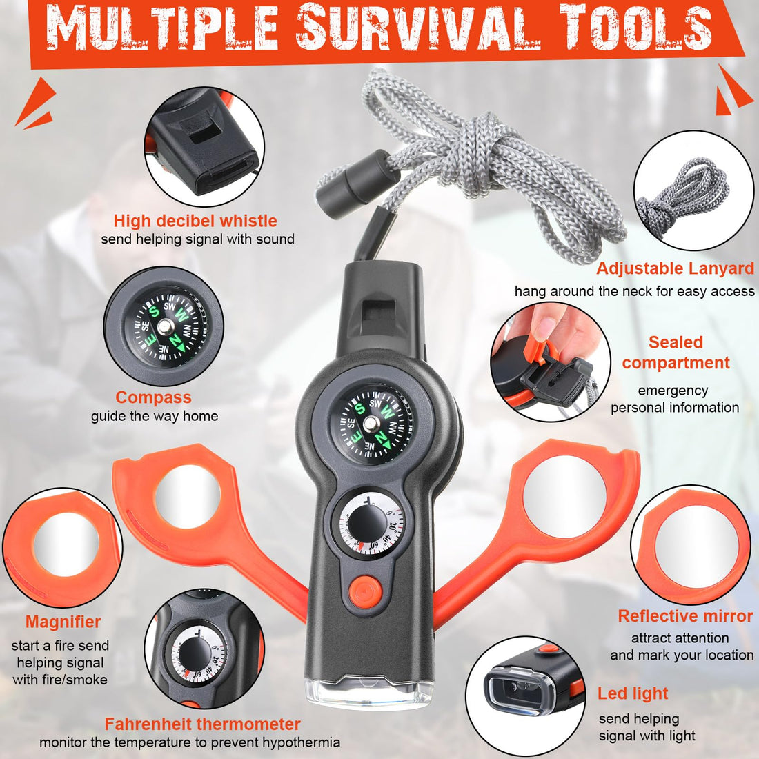 SUPSCH236 7 in 1 Loud Survival Whistle with Lanyard Multifunctional Tool