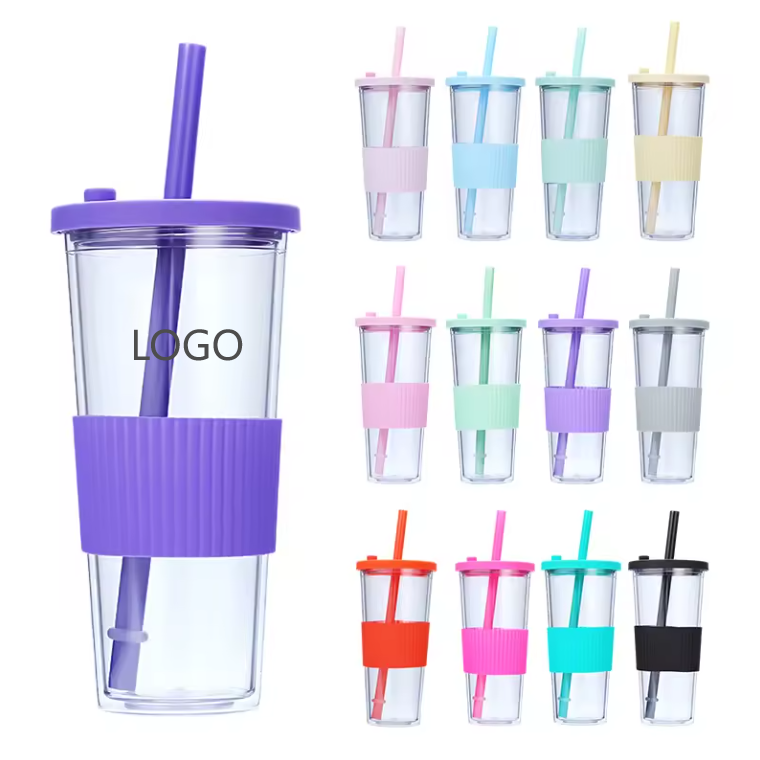 SUPSBL141 24oz Double Wall Clear Plastic Tumbler With Lid and Straw