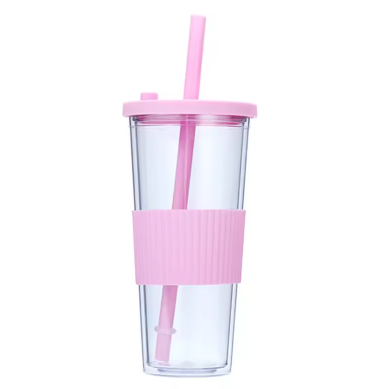 SUPSBL141 24oz Double Wall Clear Plastic Tumbler With Lid and Straw