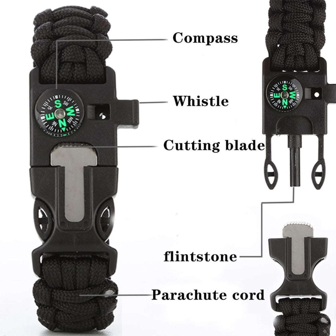 SUPSCW13 Survival-Armband, 5-in-1-Notfallset mit Feuerstein-Feuerstarter, lauter Pfeife, Kompass, Fallschirmschnur, taktischer Überlebensausrüstung und -zubehör, perfekt zum Wandern, Camping, Jagen.