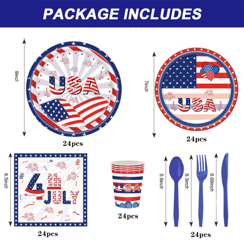 SUPSCW15 4th of July Party , 142pcs American Flag Independence Day Tableware Set, Patriotic Paper Plates and Napkins, Cups, Knife, fork, spoon, for Patriotic Party Supplies, Serve 20.