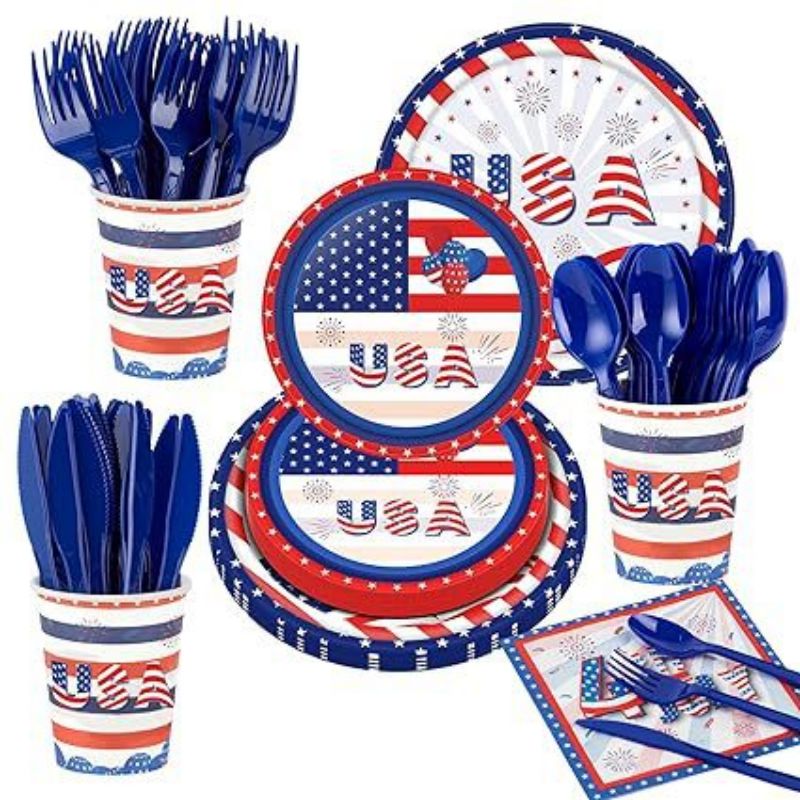 SUPSCW15 4th of July Party , 142pcs American Flag Independence Day Tableware Set, Patriotic Paper Plates and Napkins, Cups, Knife, fork, spoon, for Patriotic Party Supplies, Serve 20.