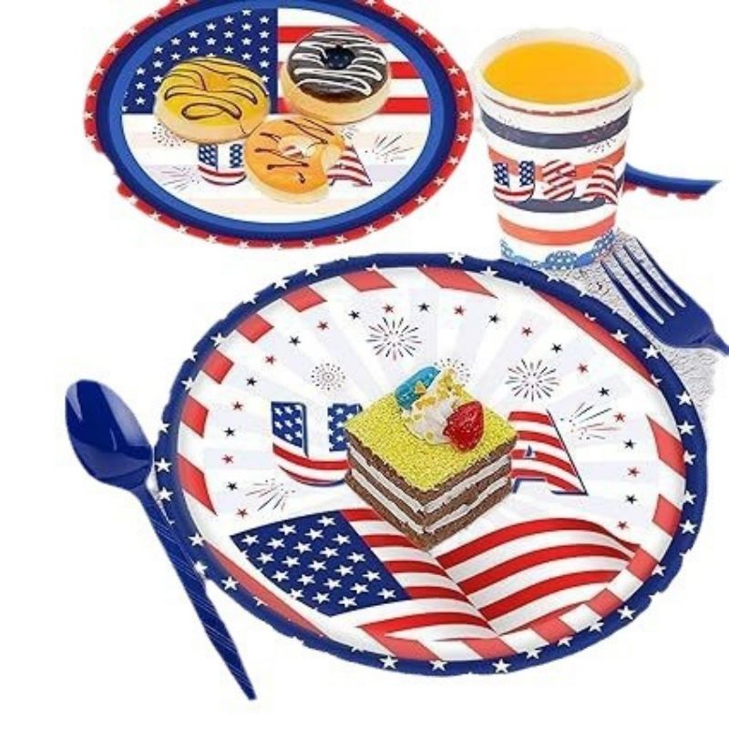 SUPSCW15 4th of July Party , 142pcs American Flag Independence Day Tableware Set, Patriotic Paper Plates and Napkins, Cups, Knife, fork, spoon, for Patriotic Party Supplies, Serve 20.